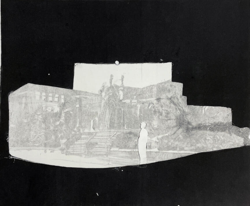 Monotype print: On a black background, the white silhouette of a building is filled in with a ghost image of a church, and the white silhouette of a man looking up at the church is placed in the foreground.