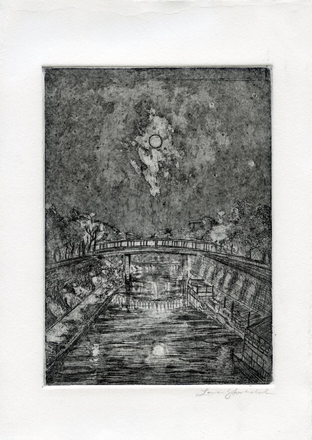 An Etching of a subway car crossing over a bridge at night.