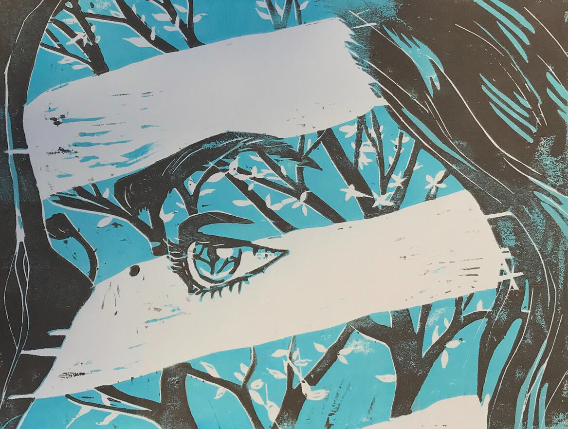 Through My Window, Woodcut on Paper, 2020.