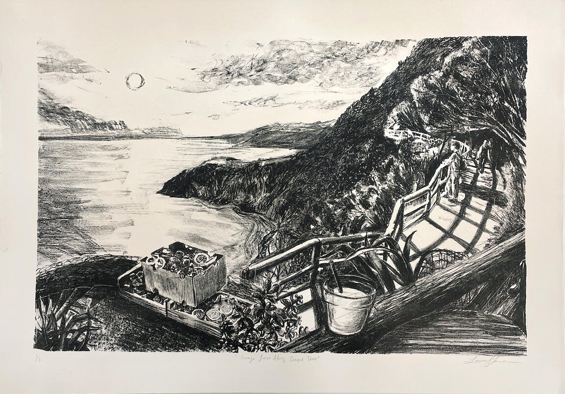 Lithograph image of Cinque Terre showing a basket of oranges, a hilly landscape overlooking an ocean, and a man leaning against a fence looking at the view.