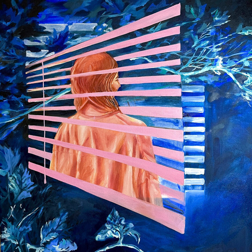 Oil painting of a girl in monochrome orange, whose figure is abstracted among the pink silhouette of a pair of venetian blinds. There is a blue background with leaves.
