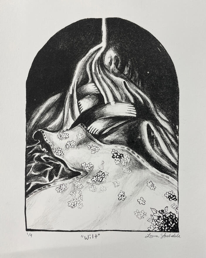 Wilt, Lithograph on paper, 5x7", 2023.