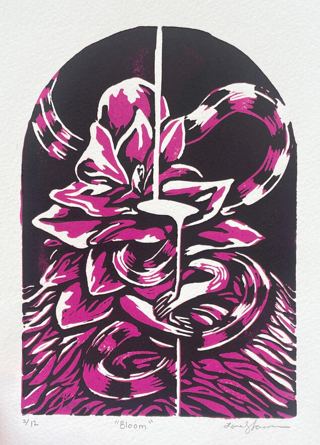 Bloom, 2-layer relief print on paper, 5x7", 2023.