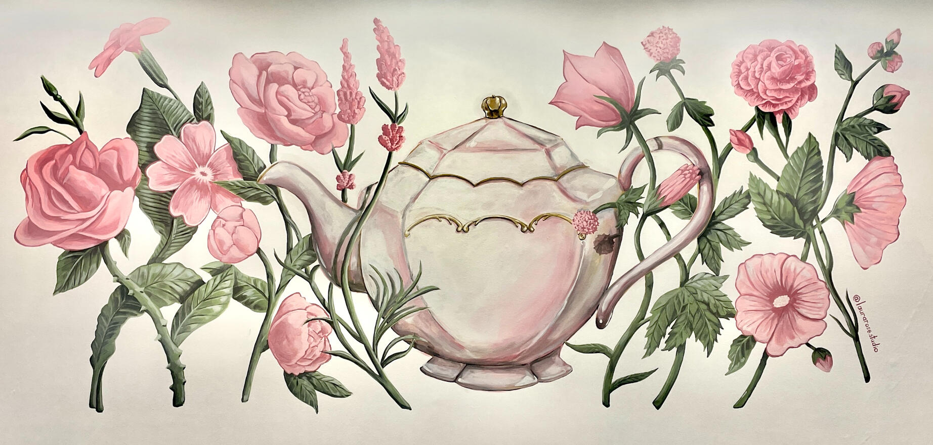 Tea Cottage Mural, house paint on drywall, 8' x 4', 2023.